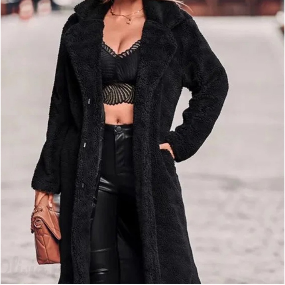 52 Black Sherpa Long Pocket Lined Cozy Chic Warm Thick Plush Teddy Faux Fur Coat - Picture 3 of 7